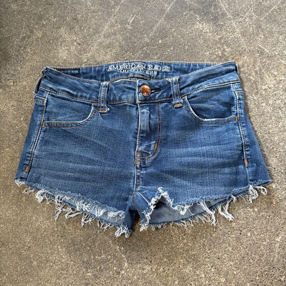 American Eagle Denim Jean Cut Off Shorts Womens 0 Blue Dark Faded Stretch 2"